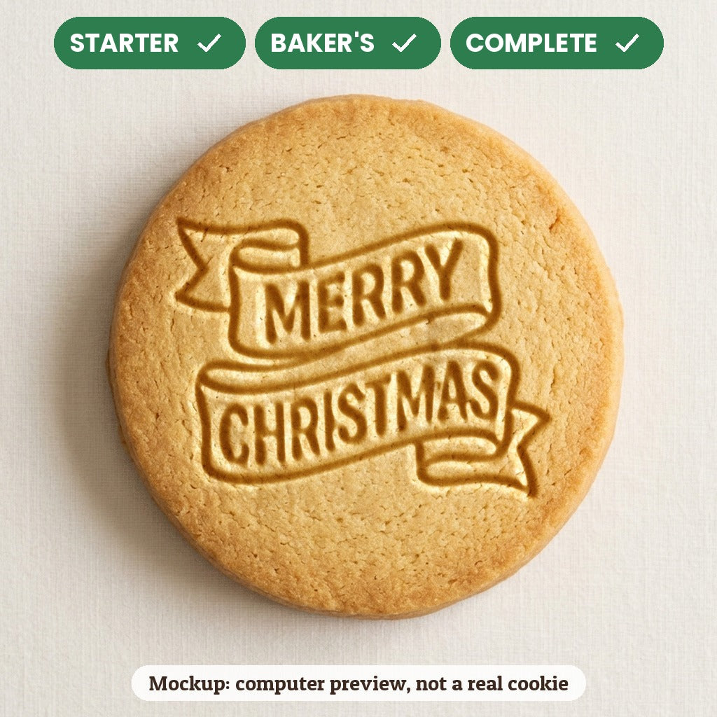 Merry Christmas Banner stamp disc - Starter: yes, Baker's: yes, Complete: yes - computer preview, not a real cookie
