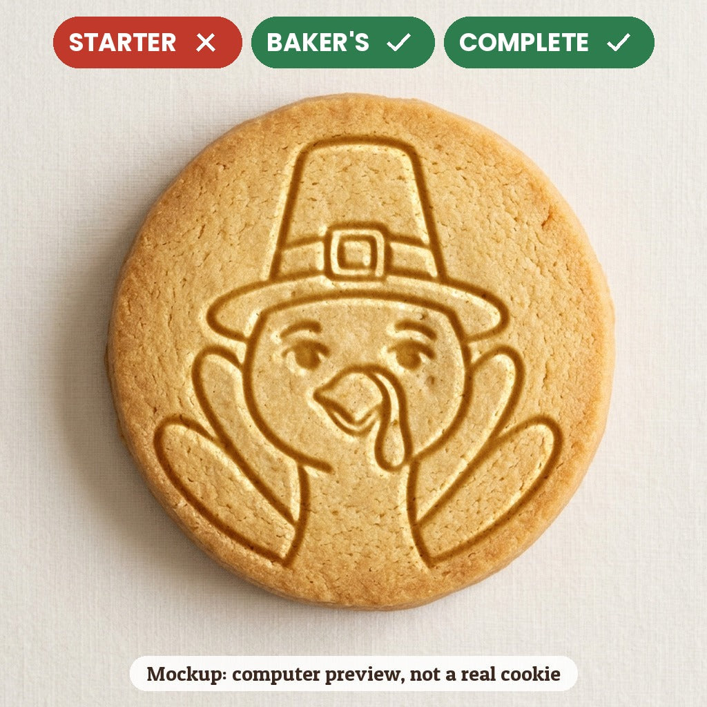 Turkey in a Pilgrim Hat stamp disc - Starter: no, Baker's: yes, Complete: yes - computer preview, not a real cookie