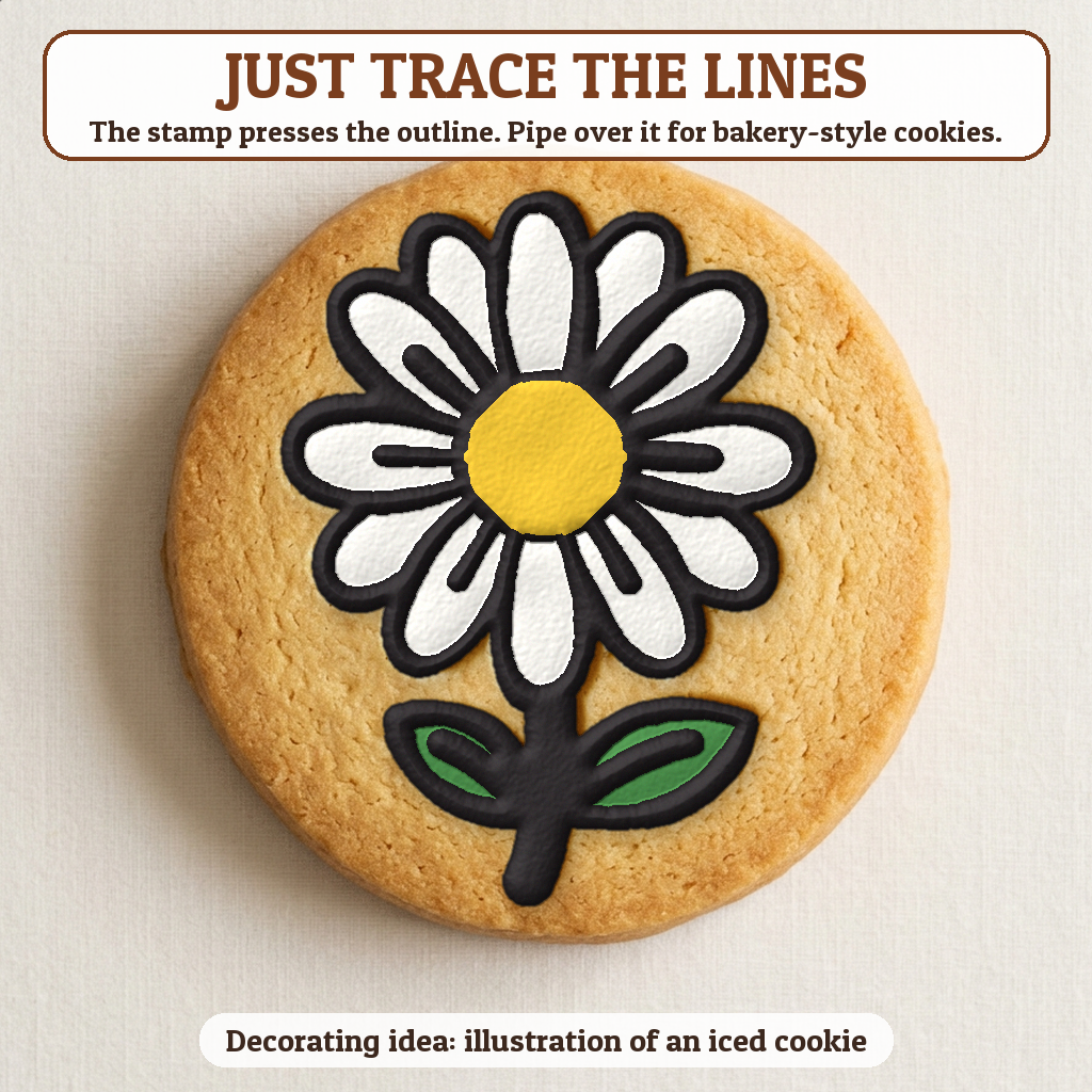 Single Daisy cookie traced with icing, iced decorating idea