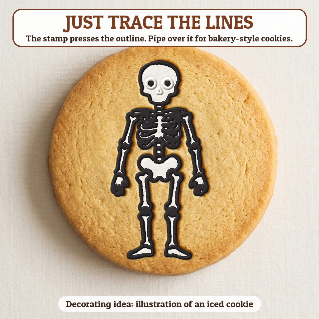 Skeleton cookie traced with icing, iced decorating idea