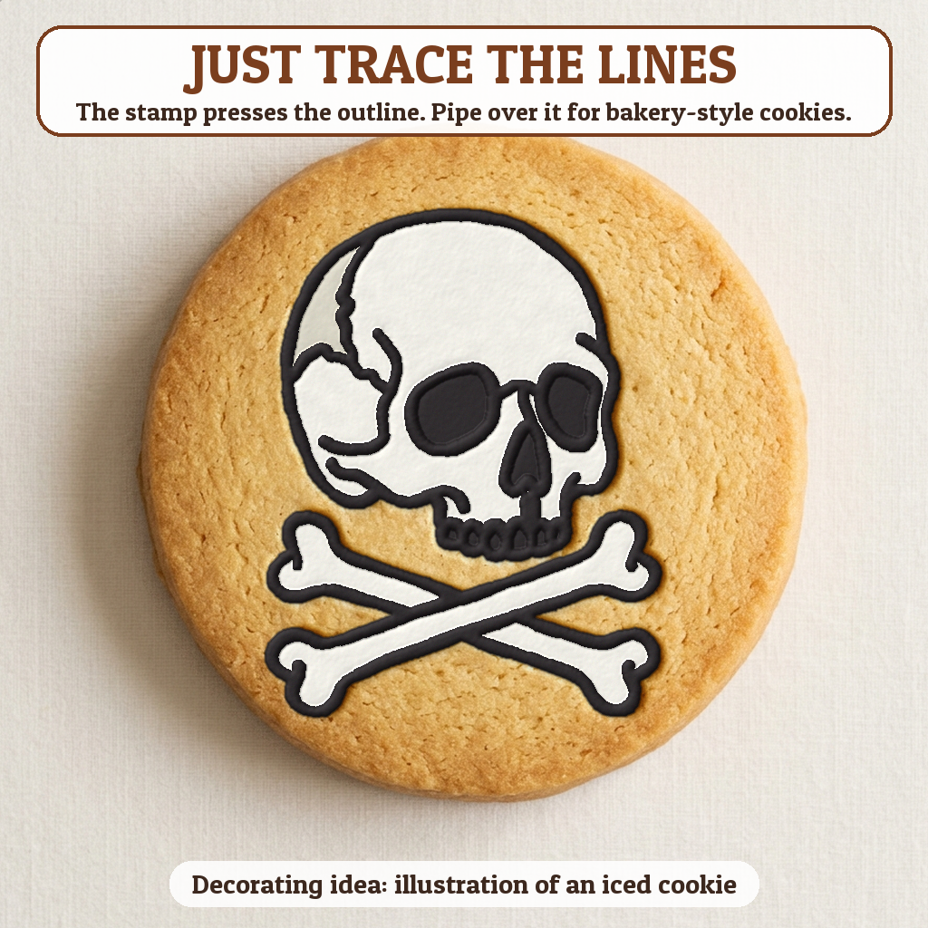 Skull and Crossbones cookie traced with icing, iced decorating idea