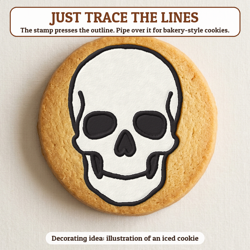 Skull cookie traced with icing, iced decorating idea