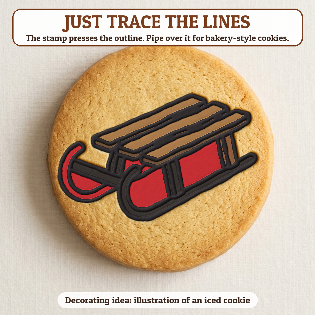 Sled cookie traced with icing, iced decorating idea