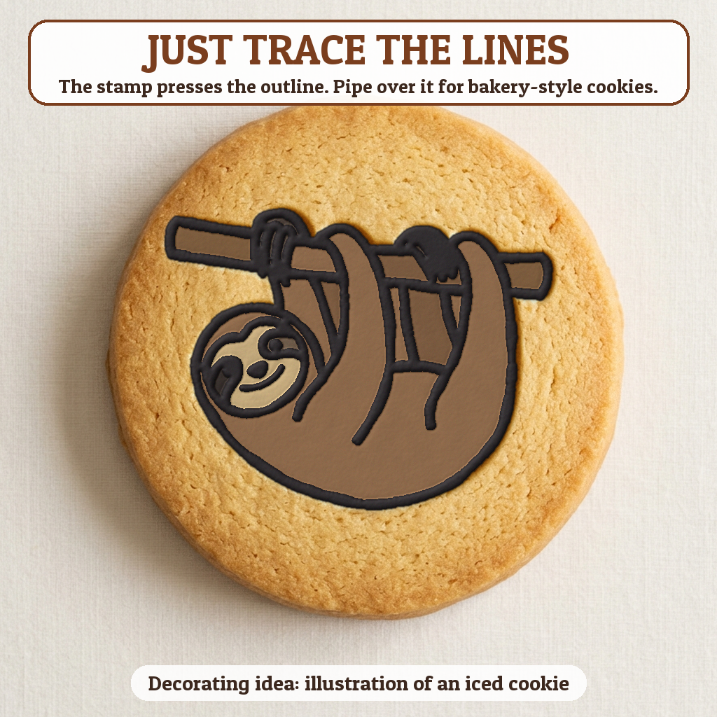 Sloth cookie traced with icing, iced decorating idea