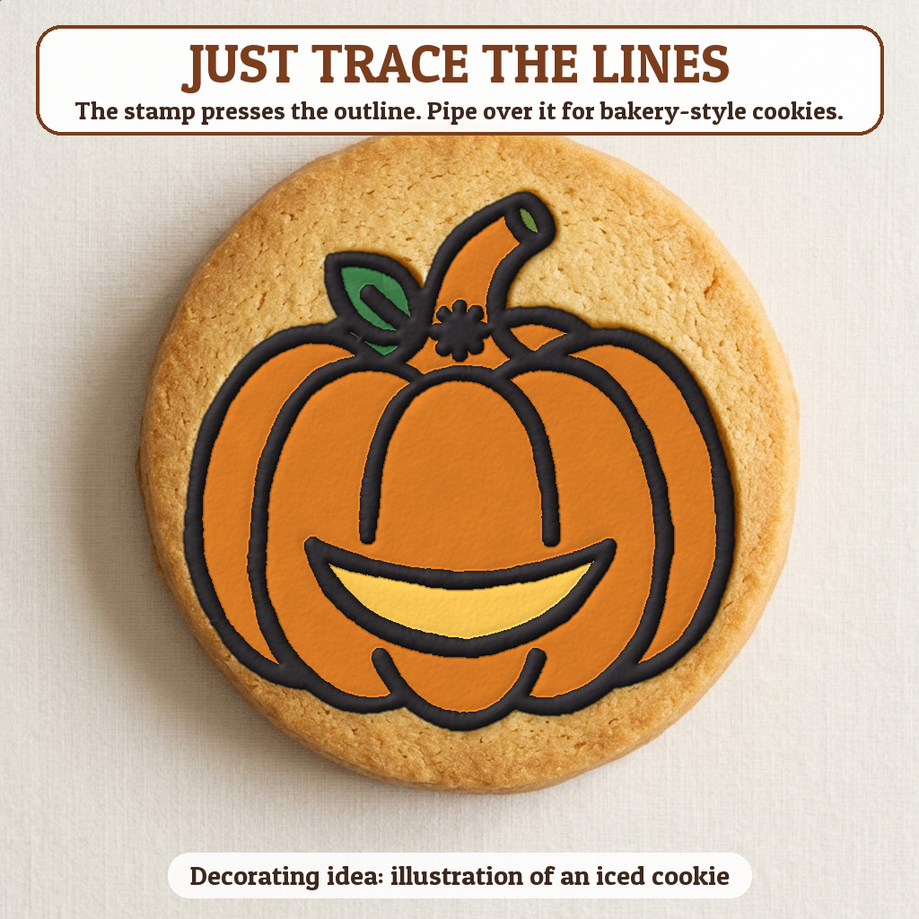 Smiling Pumpkin cookie traced with icing, iced decorating idea