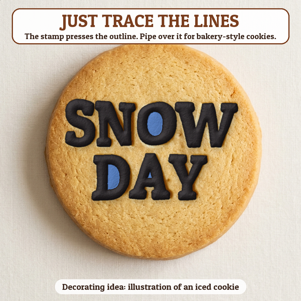 Snow Day cookie traced with icing, iced decorating idea