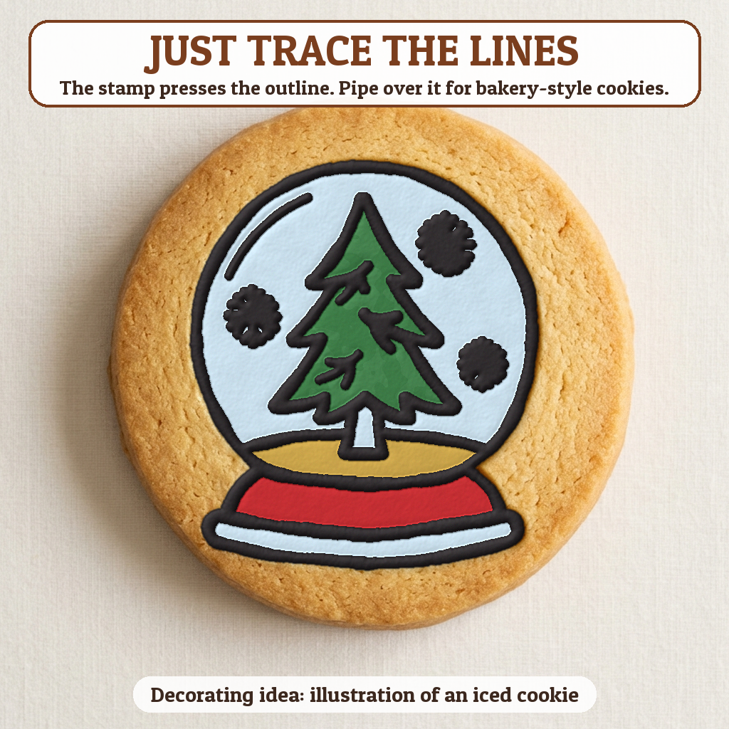 Snow Globe cookie traced with icing, iced decorating idea