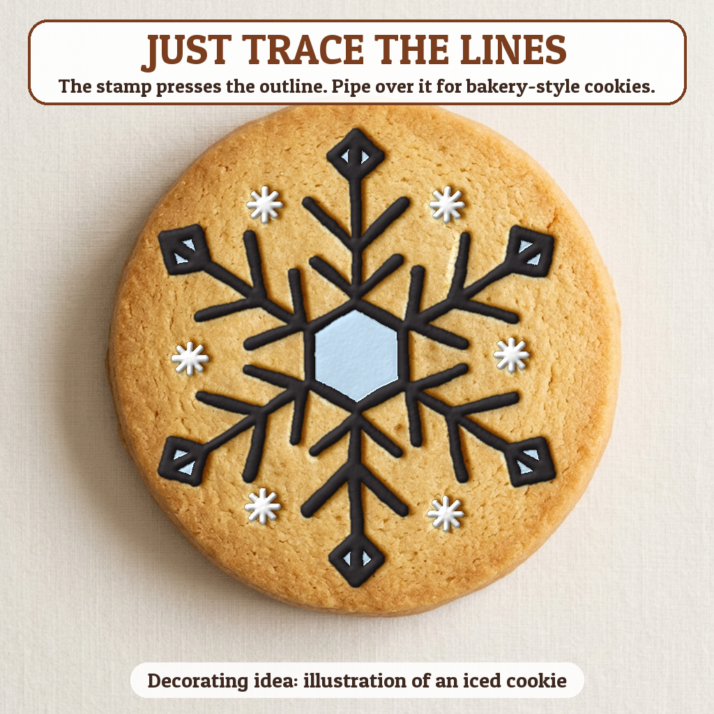 Snowflake cookie traced with icing, iced decorating idea