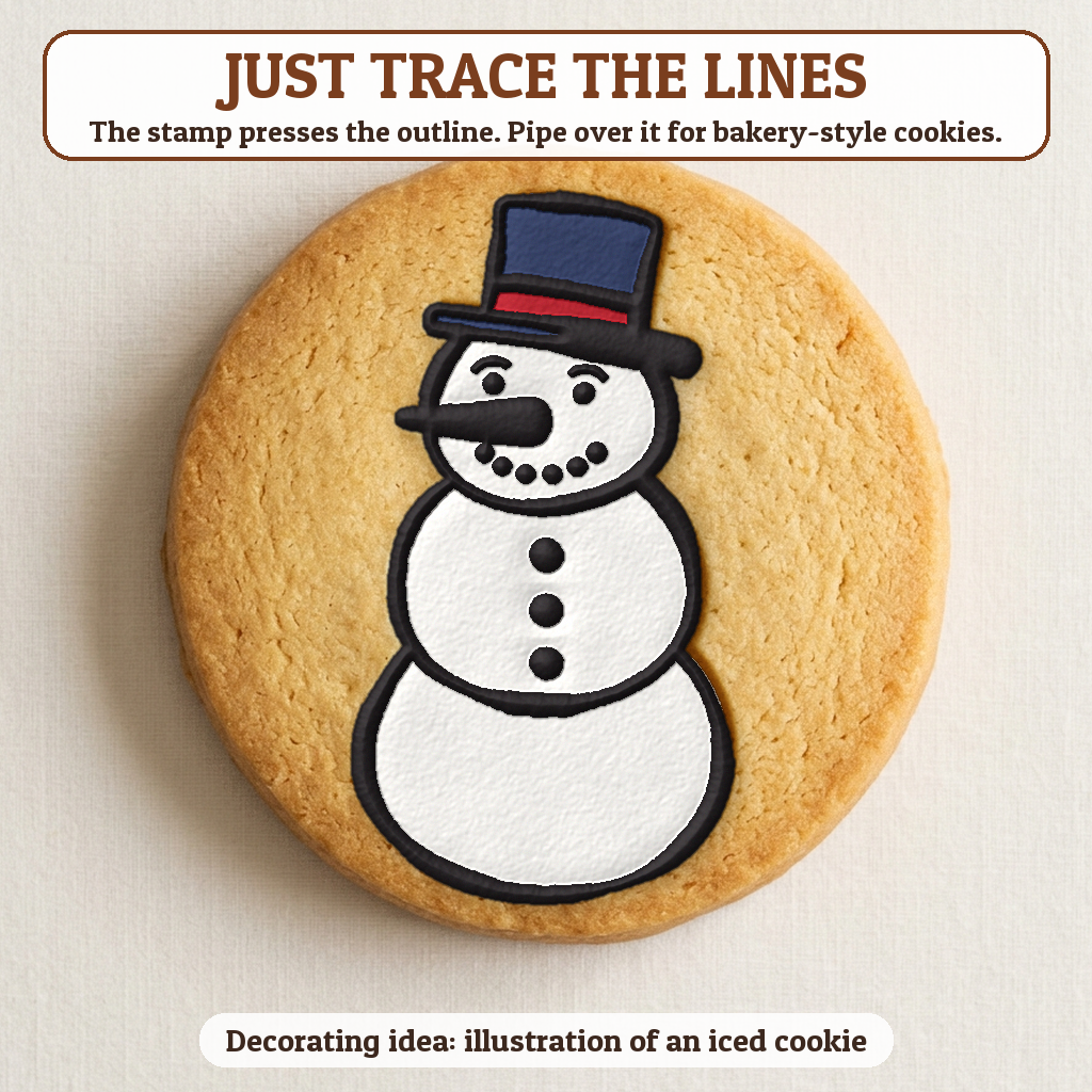 Snowman cookie traced with icing, iced decorating idea