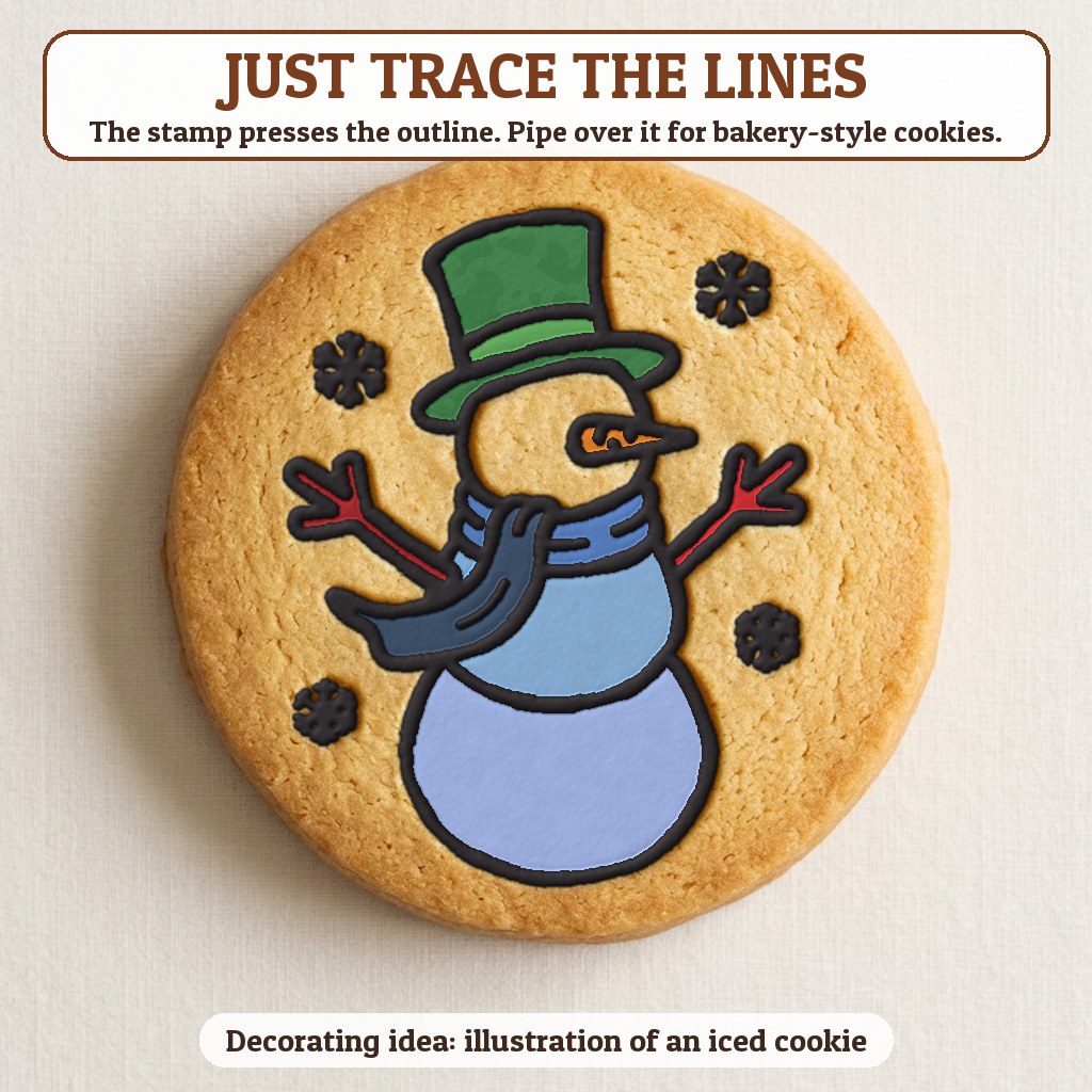 Snowman with Top Hat and Scarf cookie traced with icing, iced decorating idea