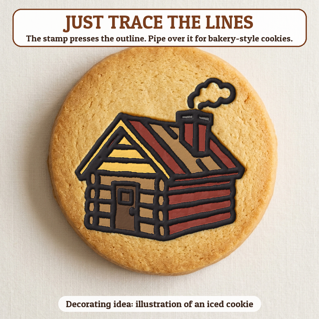 Snowy Cabin cookie traced with icing, iced decorating idea