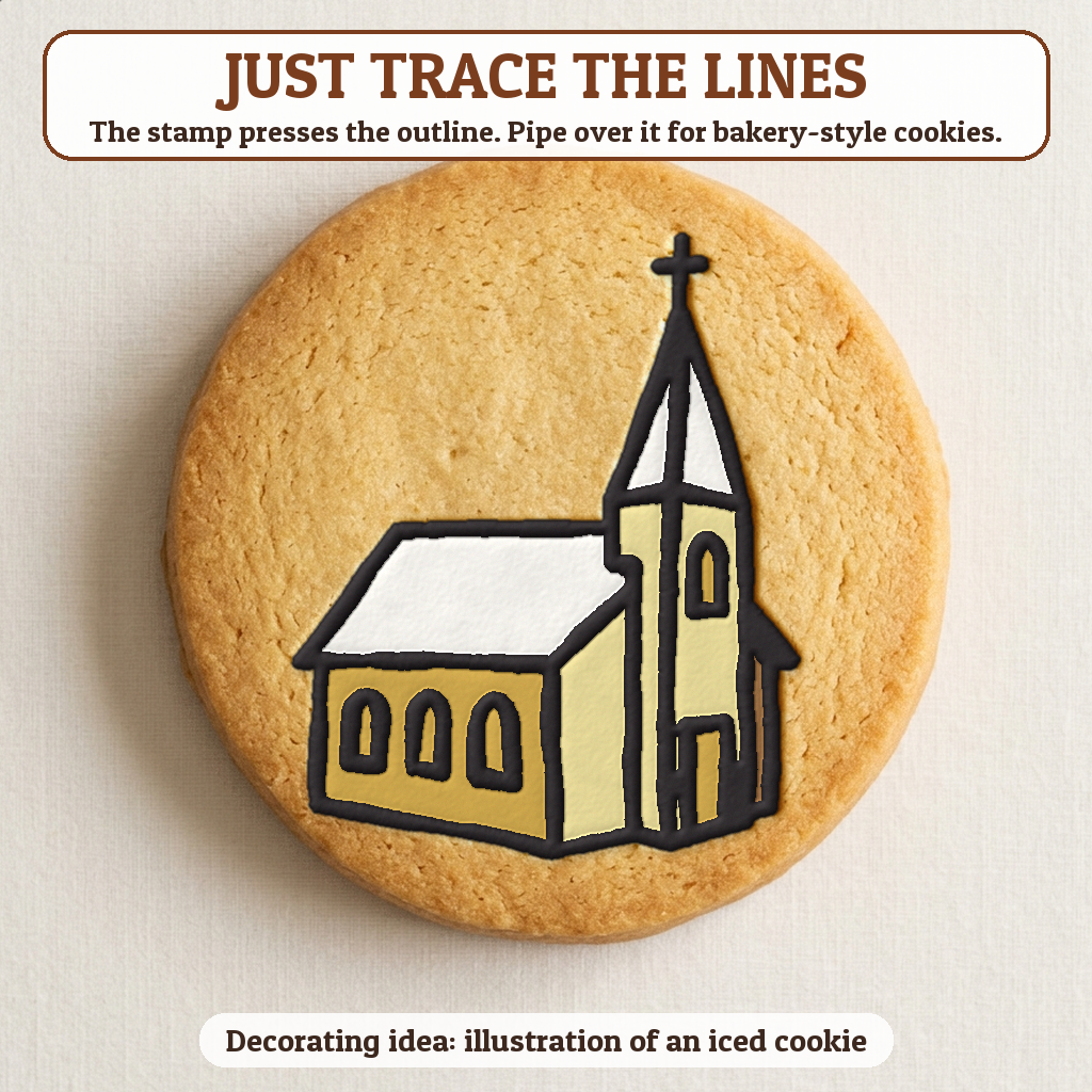 Snowy Church cookie traced with icing, iced decorating idea