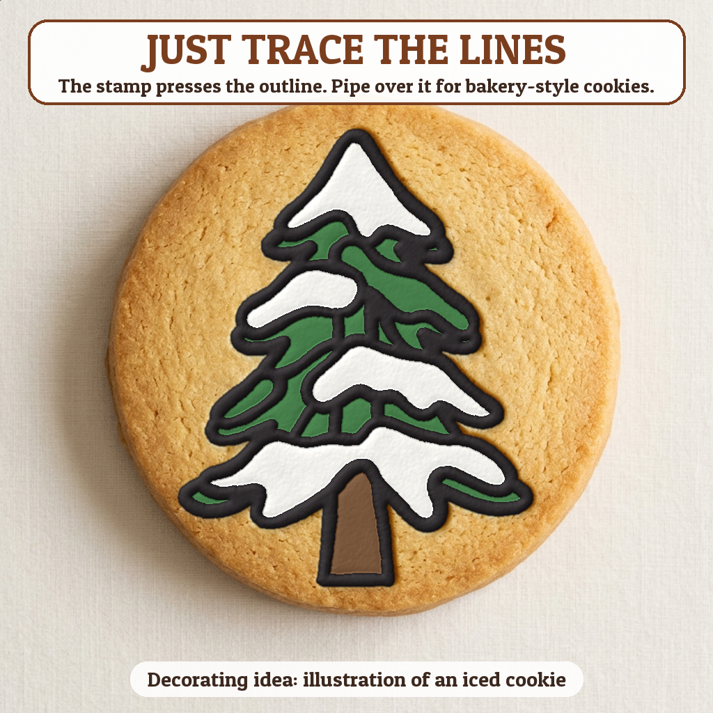 Snowy Pine Tree cookie traced with icing, iced decorating idea