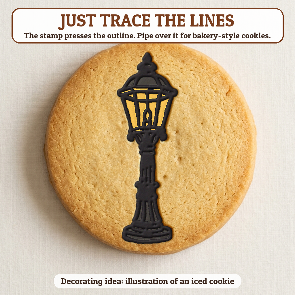 Snowy Street Lamp cookie traced with icing, iced decorating idea