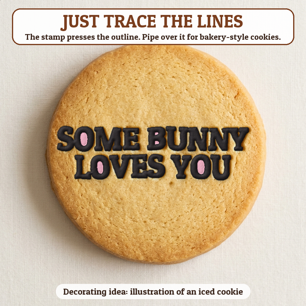 Some Bunny Loves You cookie traced with icing, iced decorating idea