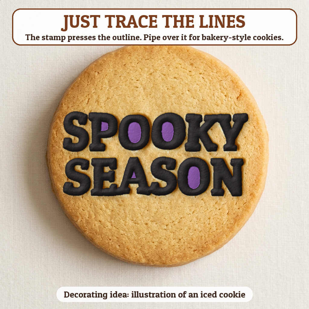 Spooky Season cookie traced with icing, iced decorating idea