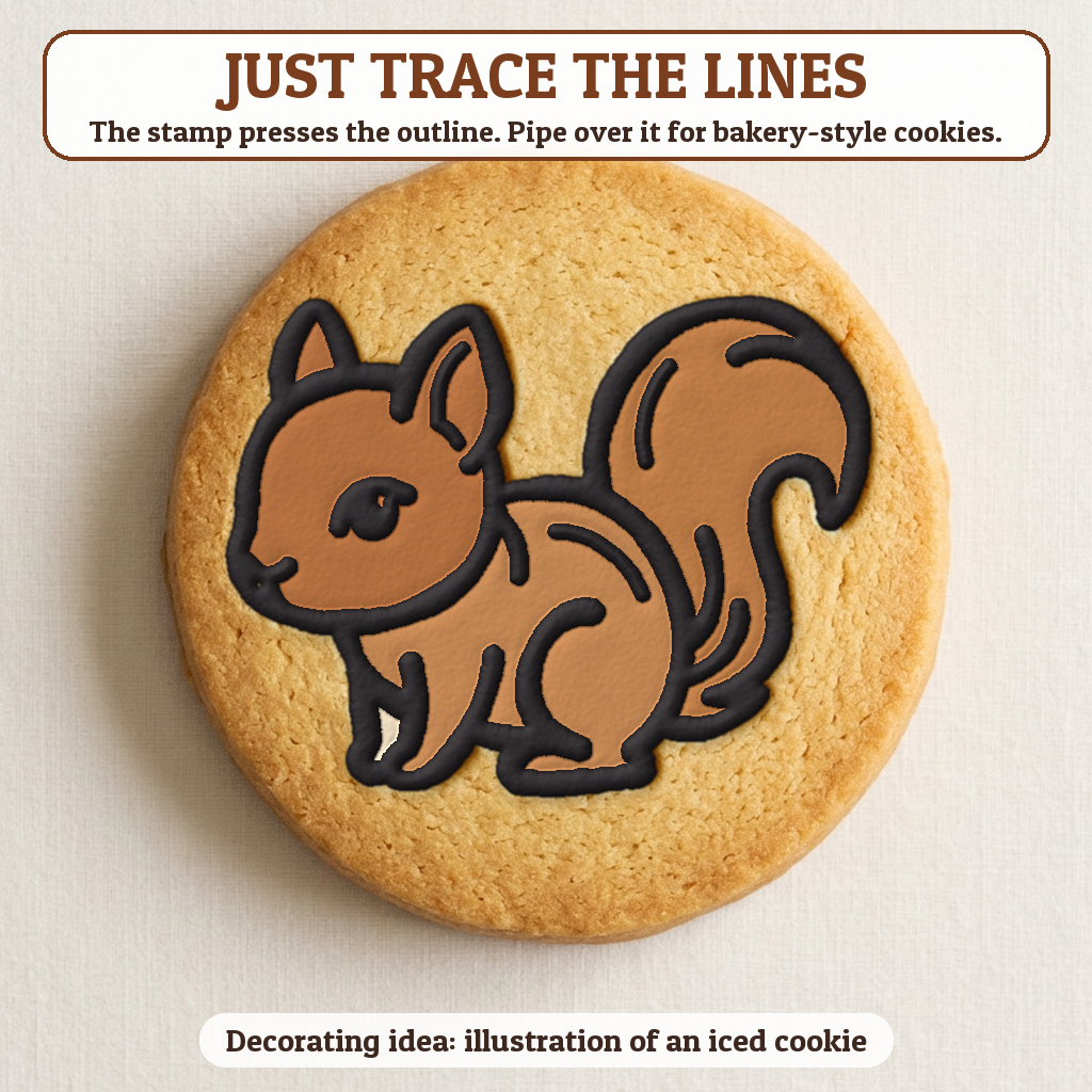 Squirrel cookie traced with icing, iced decorating idea