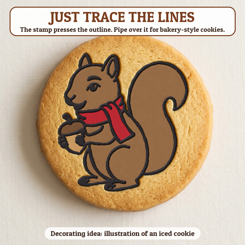 Squirrel in a Scarf cookie traced with icing, iced decorating idea