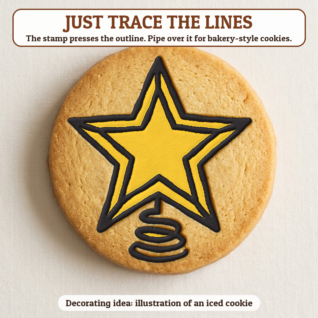 Star Tree Topper cookie traced with icing, iced decorating idea