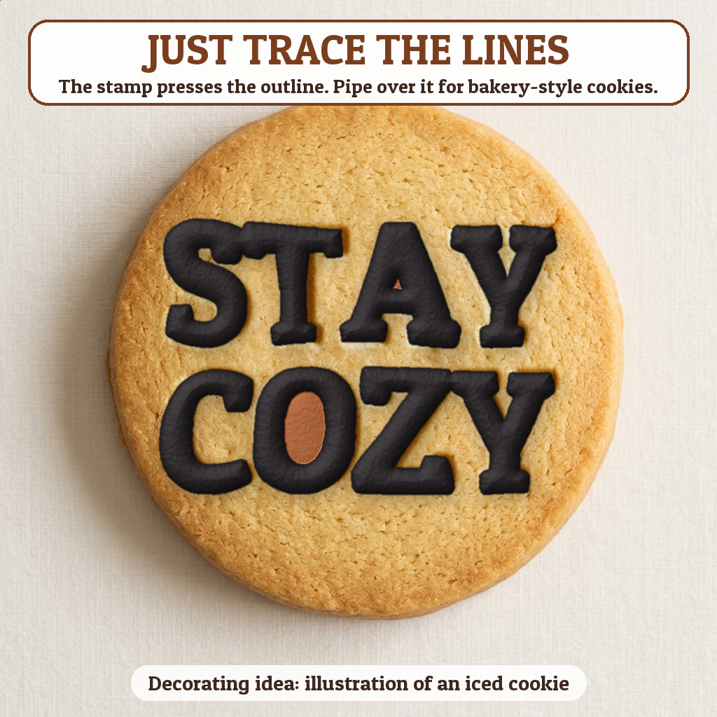 Stay Cozy cookie traced with icing, iced decorating idea