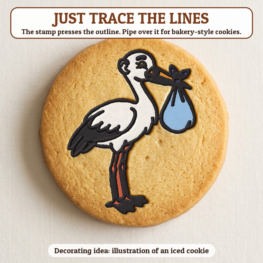 Stork with a Bundle cookie traced with icing, iced decorating idea