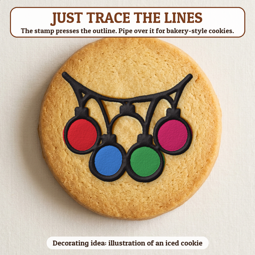 String of Lights cookie traced with icing, iced decorating idea