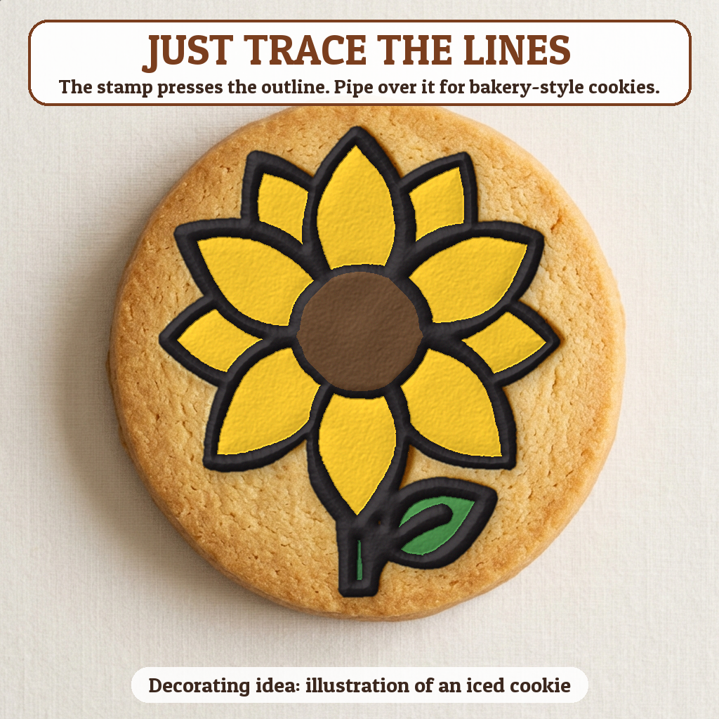 Sunflower cookie traced with icing, iced decorating idea