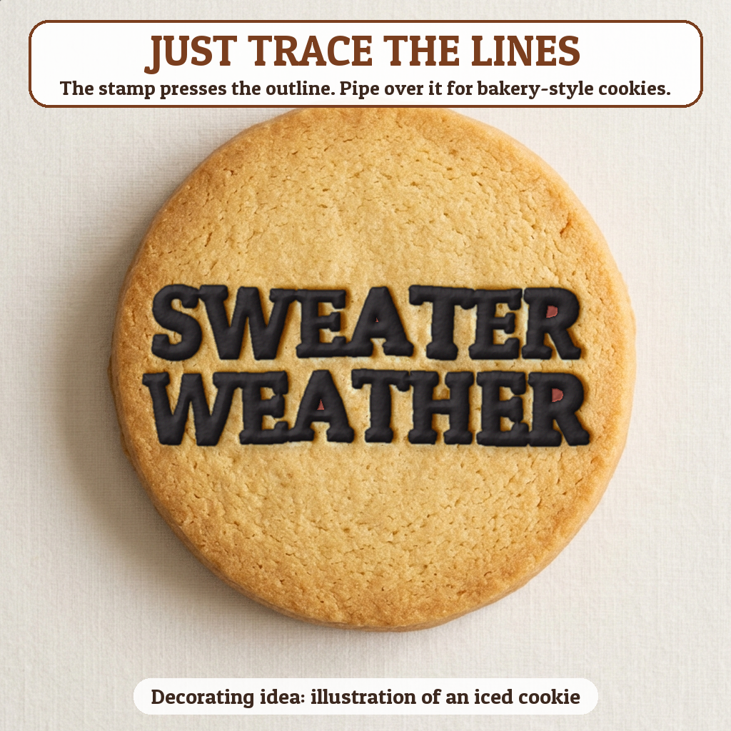 Sweater Weather cookie traced with icing, iced decorating idea