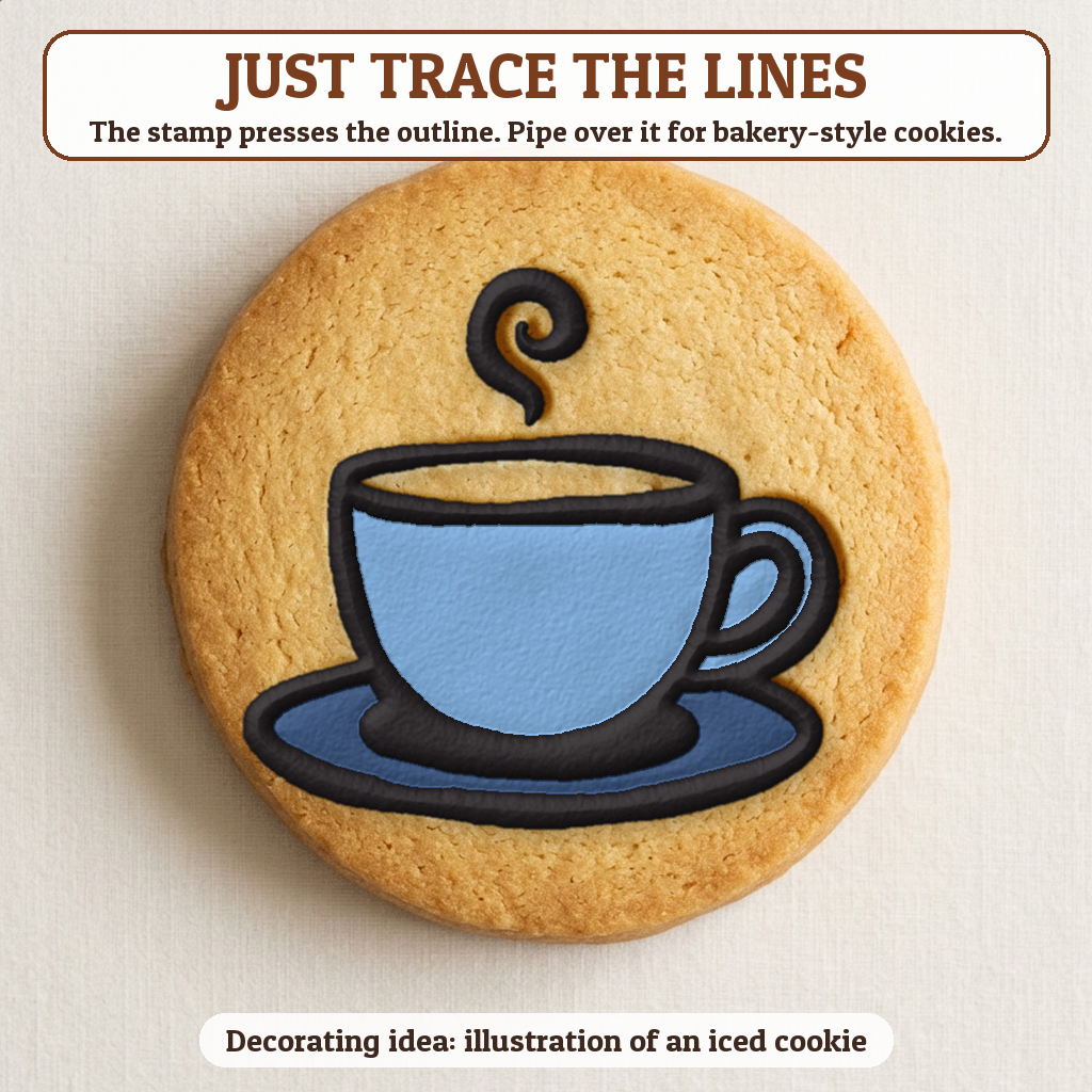 Teacup and Saucer cookie traced with icing, iced decorating idea