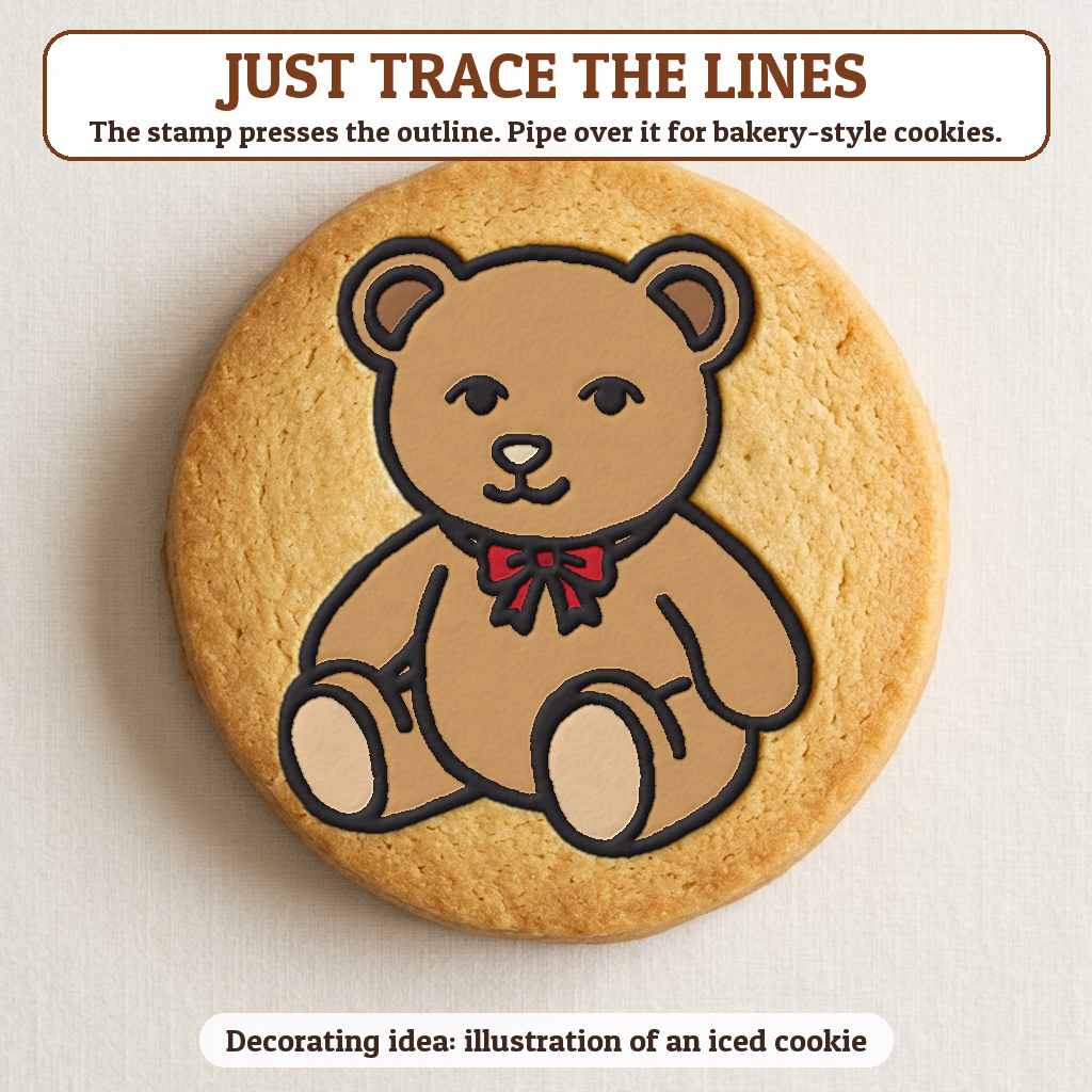Teddy Bear with a Bow cookie traced with icing, iced decorating idea