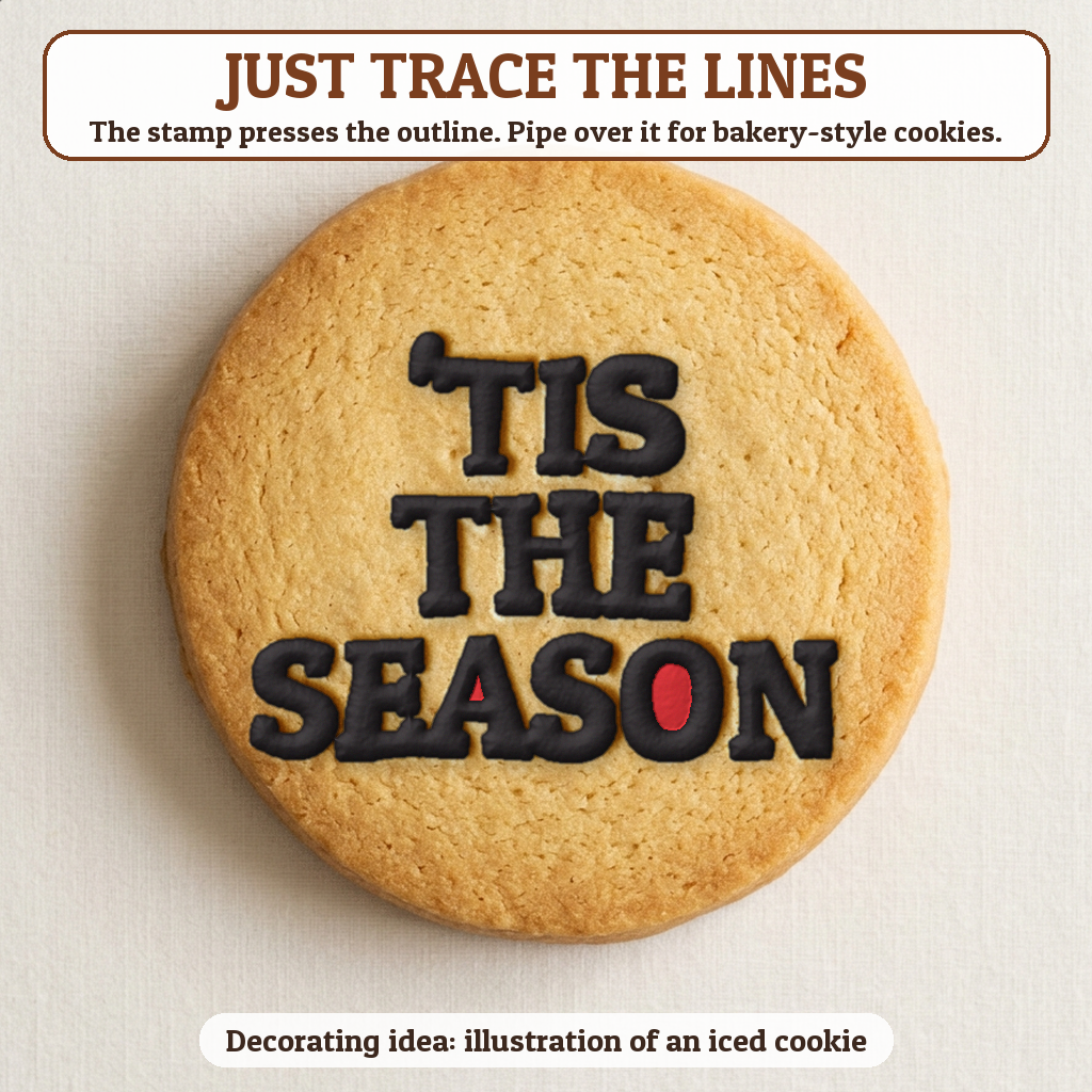 'Tis the Season cookie traced with icing, iced decorating idea