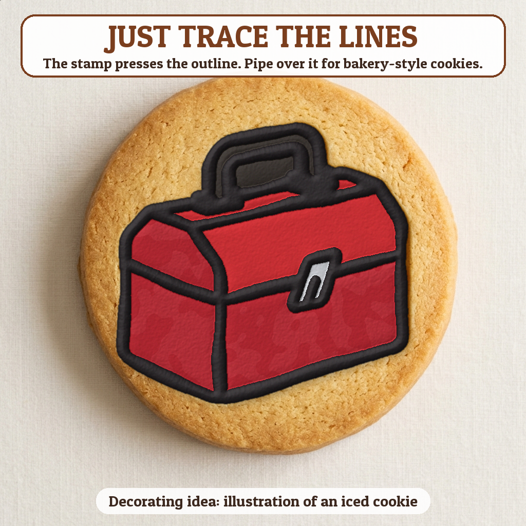 Toolbox cookie traced with icing, iced decorating idea