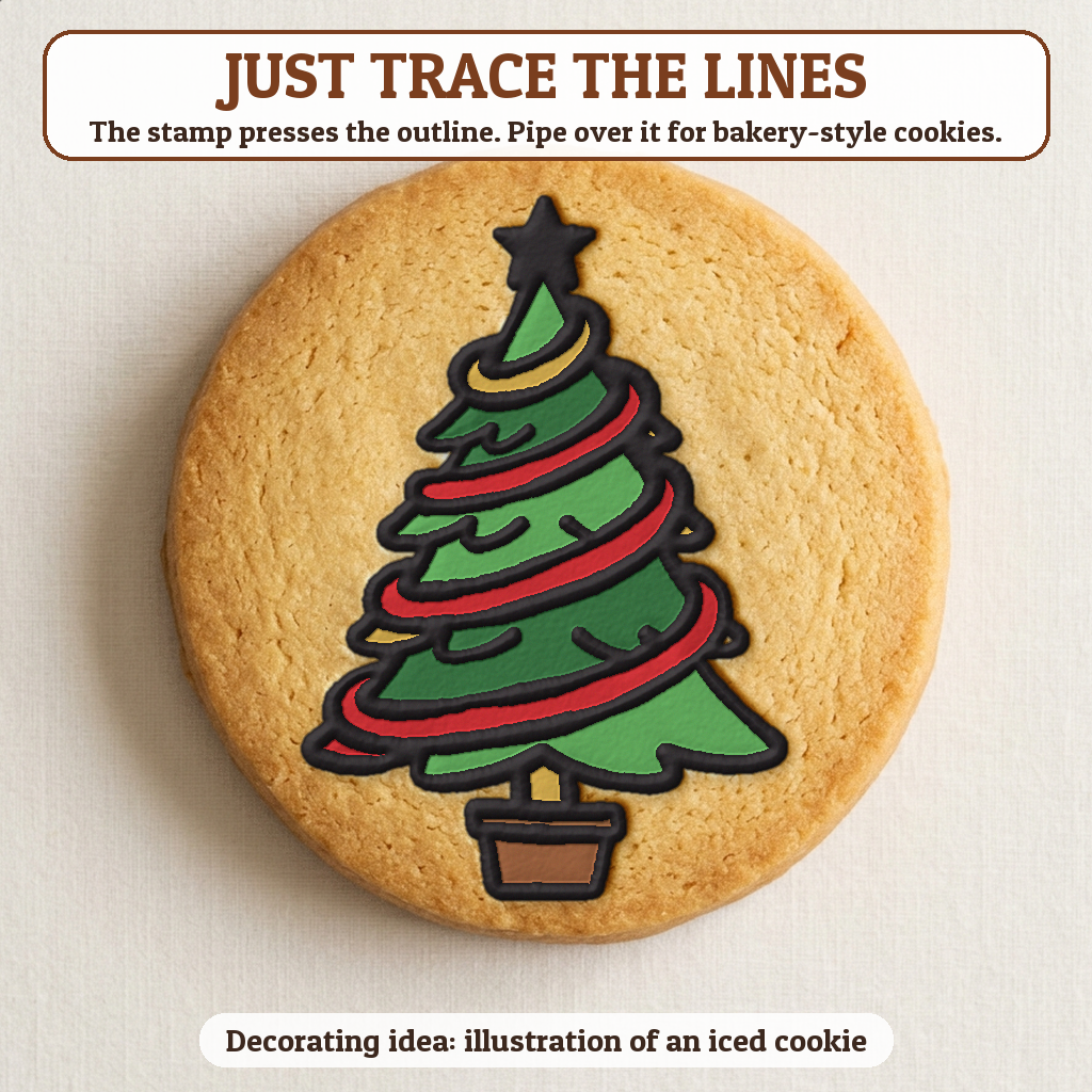 Tree with a Swirl Garland cookie traced with icing, iced decorating idea