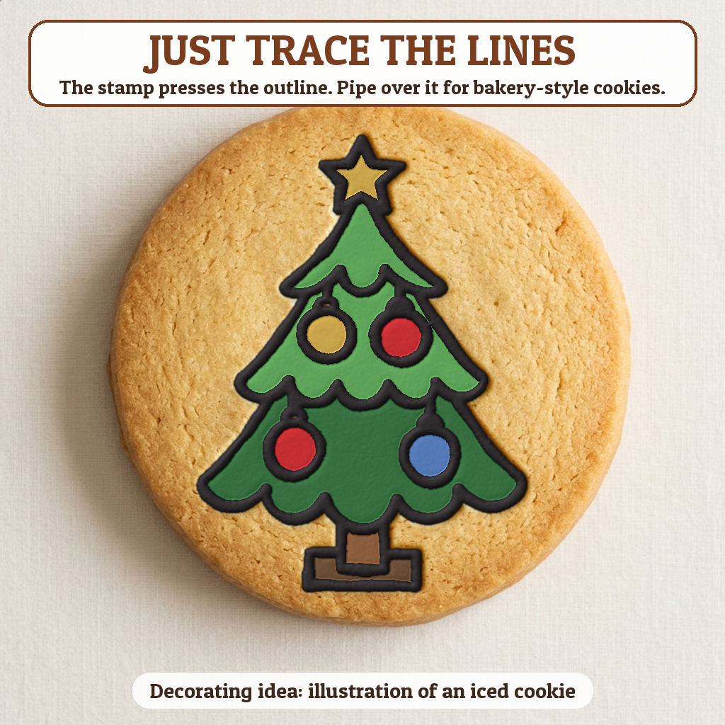 Tree with Big Ornaments cookie traced with icing, iced decorating idea
