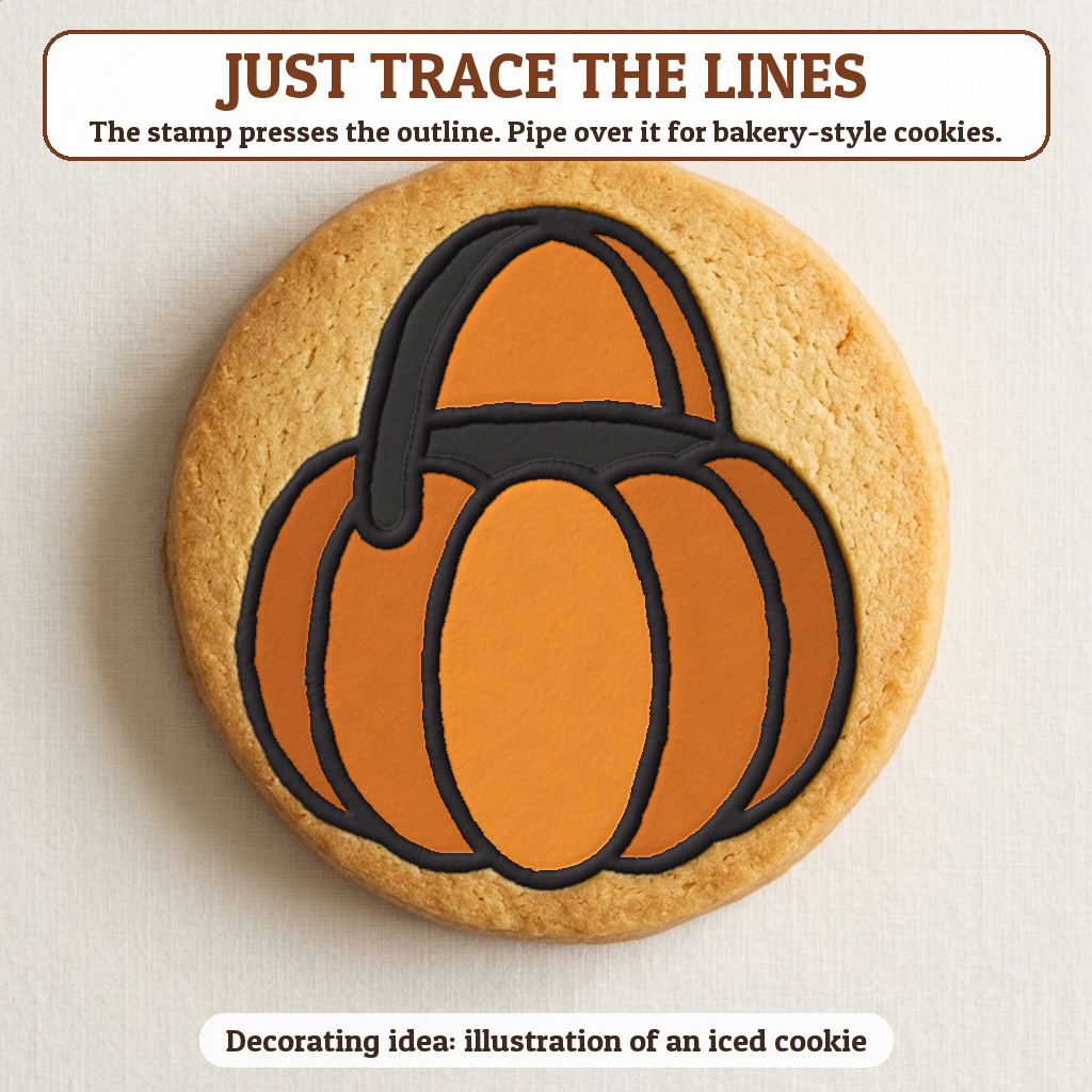 Trick or Treat Bucket cookie traced with icing, iced decorating idea