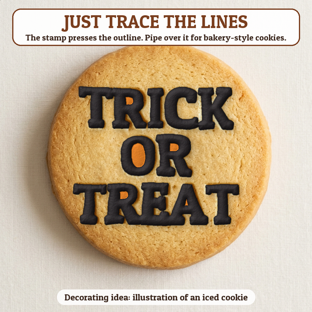 Trick or Treat cookie traced with icing, iced decorating idea