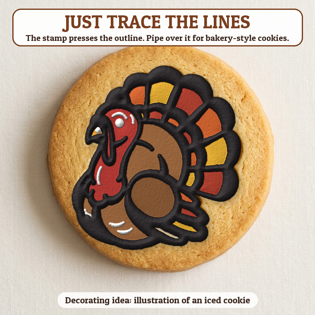 Turkey cookie traced with icing, iced decorating idea