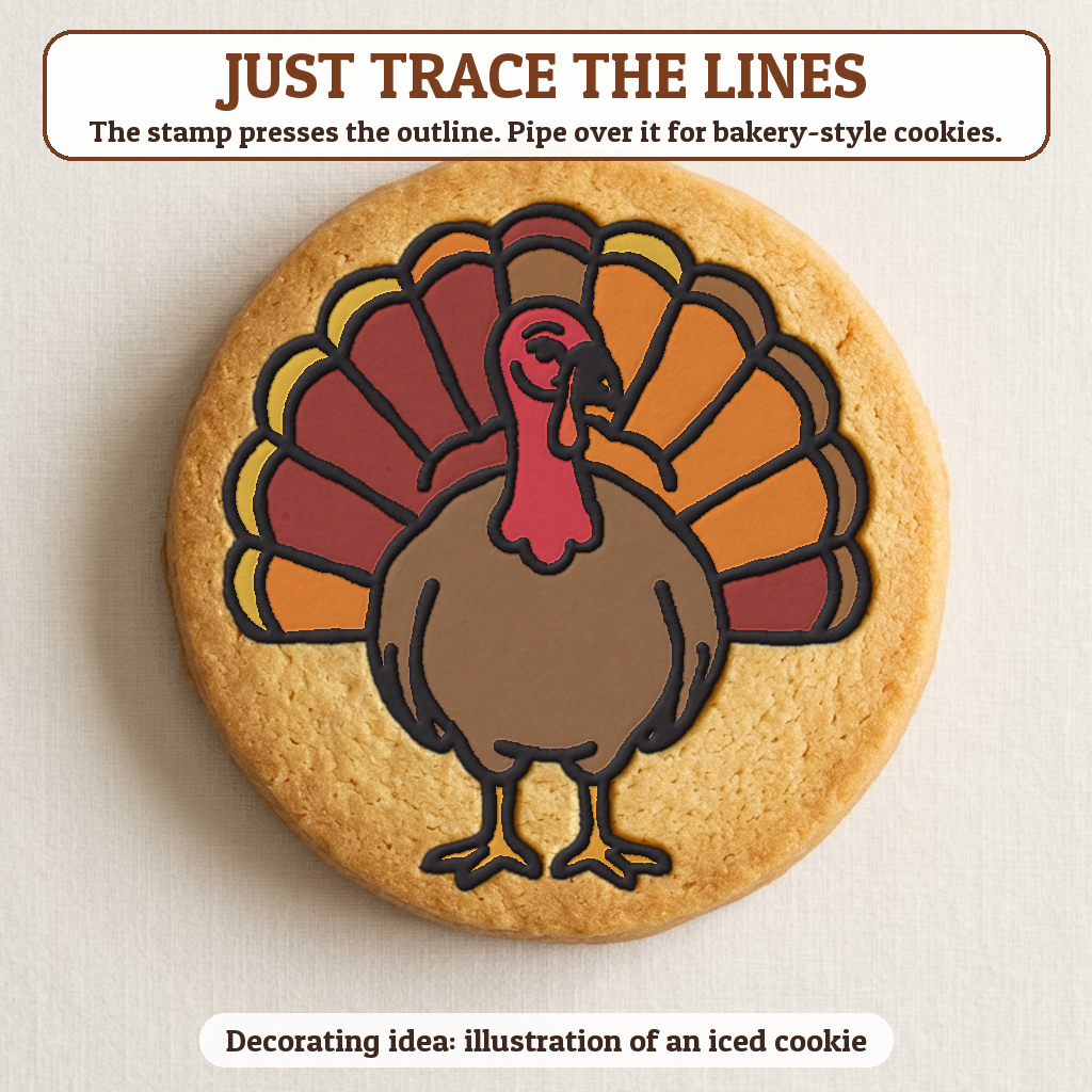 Turkey Fanned Tail cookie traced with icing, iced decorating idea