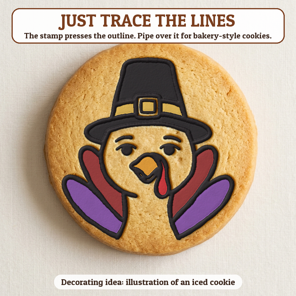 Turkey in a Pilgrim Hat cookie traced with icing, iced decorating idea