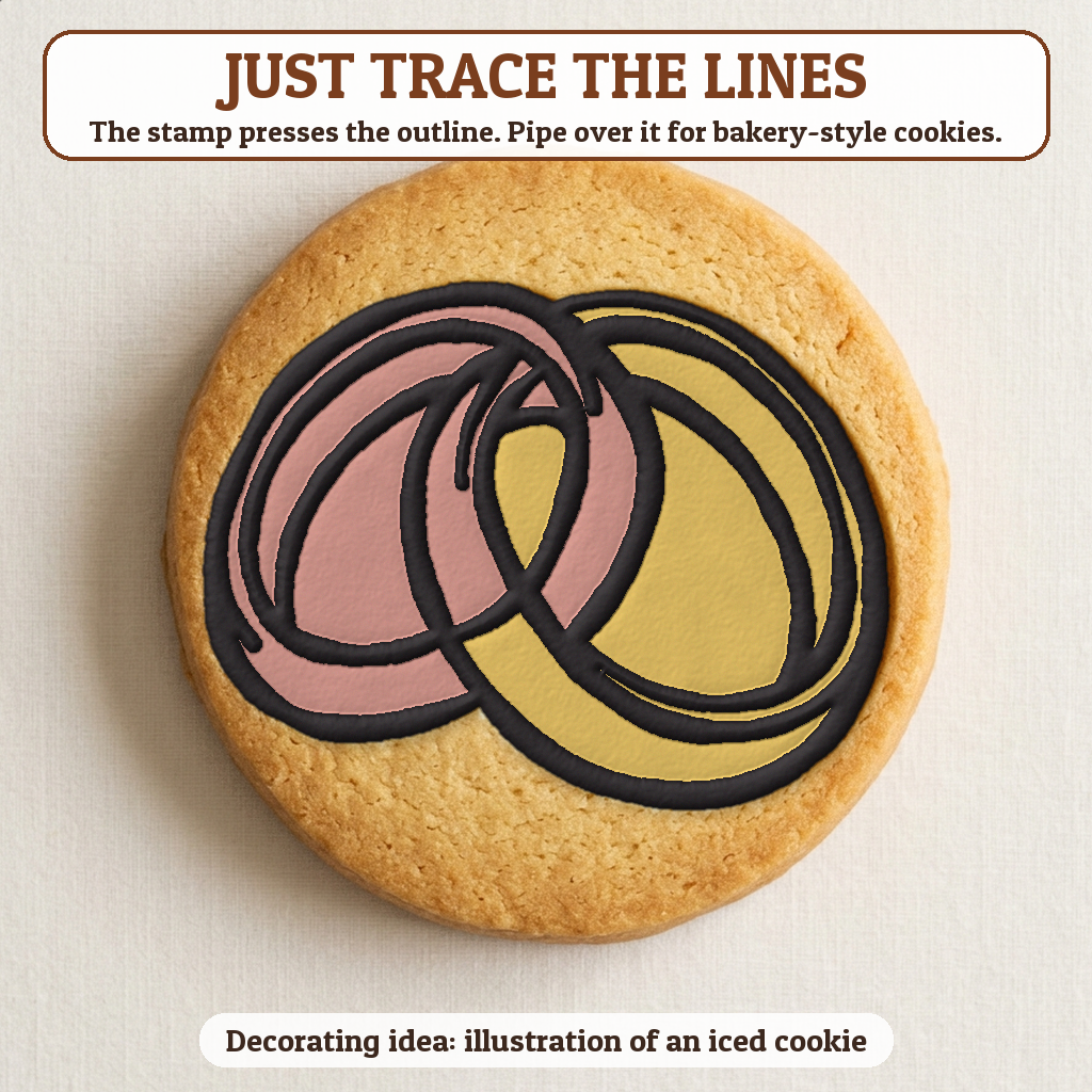 Two Rings Interlocked cookie traced with icing, iced decorating idea