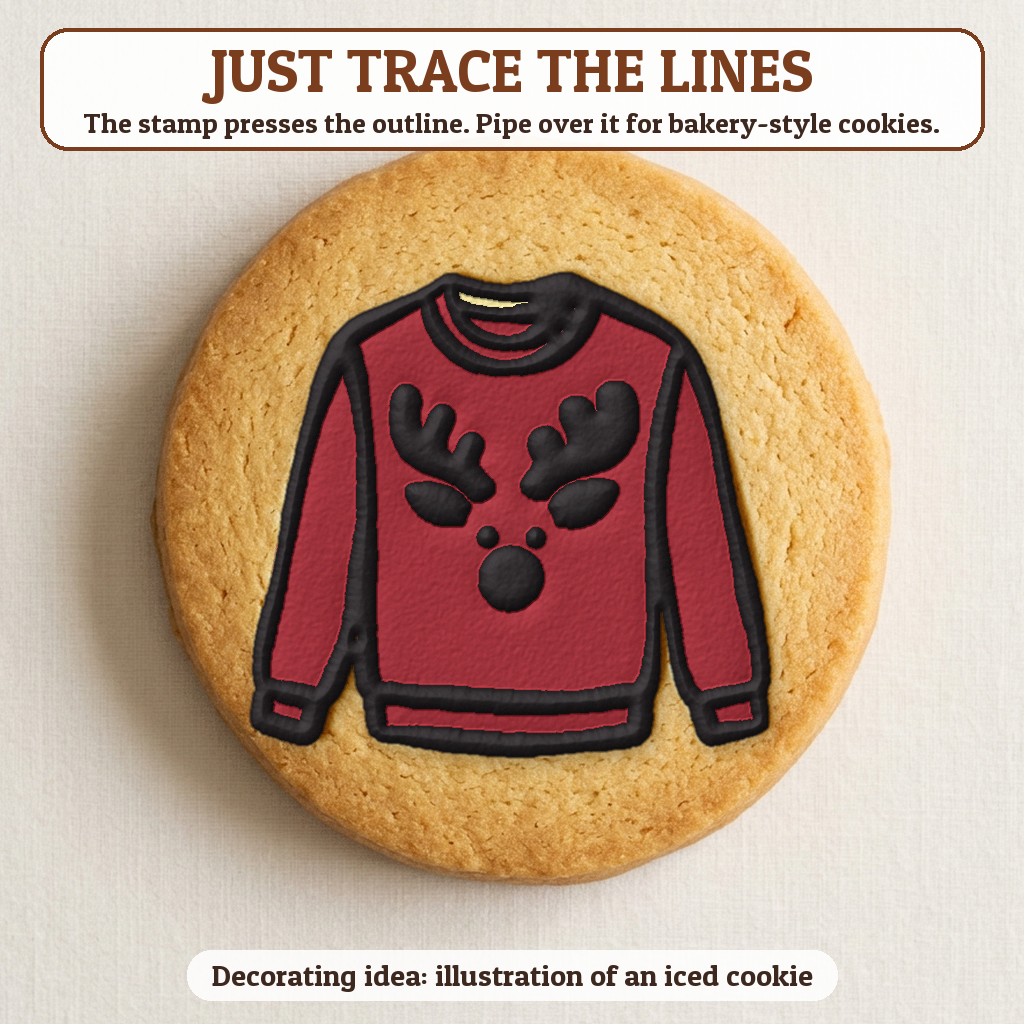 Ugly Sweater with a Reindeer cookie traced with icing, iced decorating idea