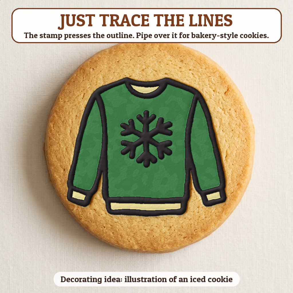 Ugly Sweater with a Snowflake cookie traced with icing, iced decorating idea