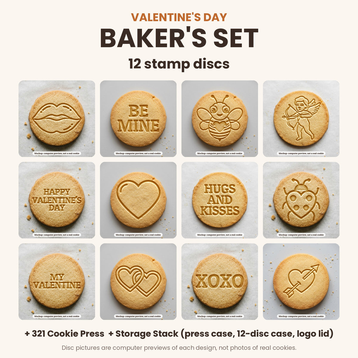 Valentine's Day Baker's Set: what's in the box - 12 stamp discs, the 321 Cookie Press and storage cases (disc pictures are computer previews)