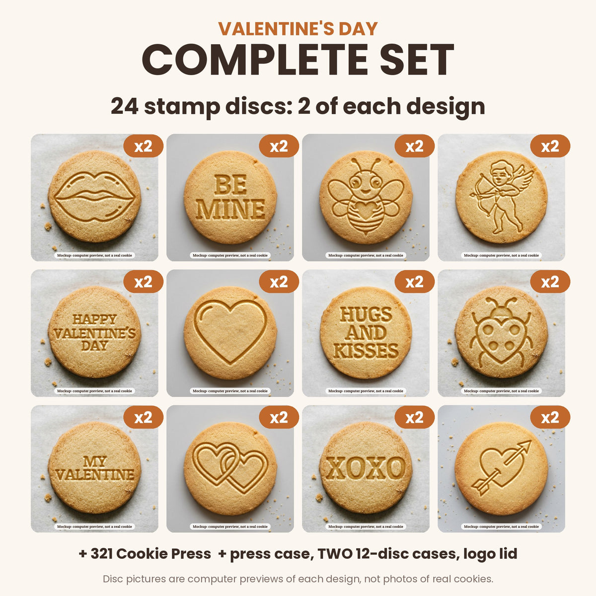 Valentine's Day Complete Set: what's in the box - 24 stamp discs, two of each, the 321 Cookie Press and storage cases (disc pictures are computer previews)