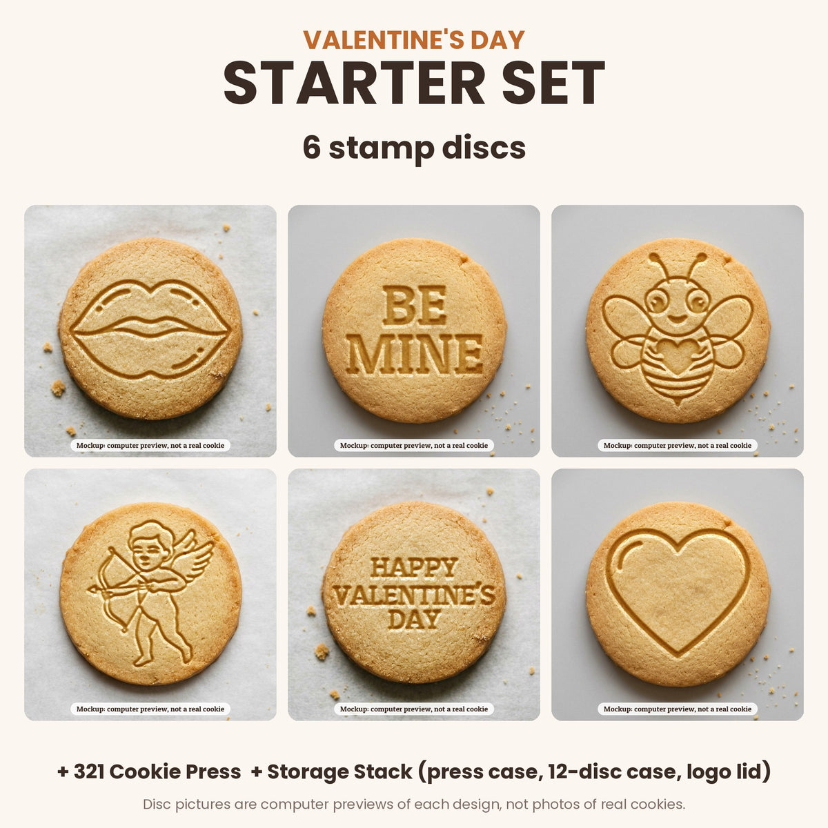 Valentine's Day Starter Set: what's in the box - 6 stamp discs, the 321 Cookie Press and storage cases (disc pictures are computer previews)