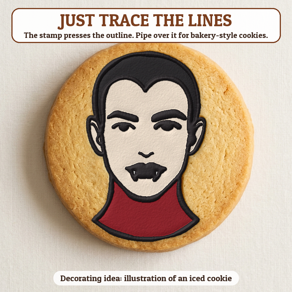 Vampire Face cookie traced with icing, iced decorating idea