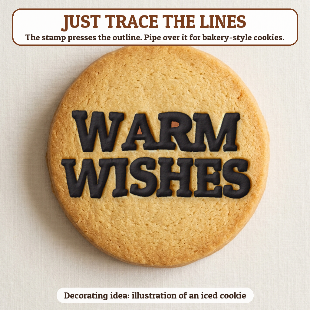 Warm Wishes cookie traced with icing, iced decorating idea