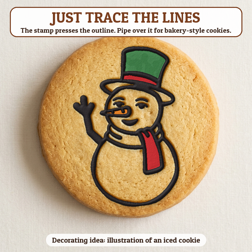 Waving Snowman cookie traced with icing, iced decorating idea