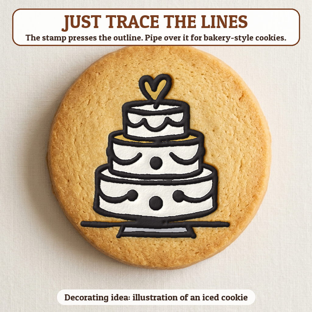 Wedding Cake cookie traced with icing, iced decorating idea