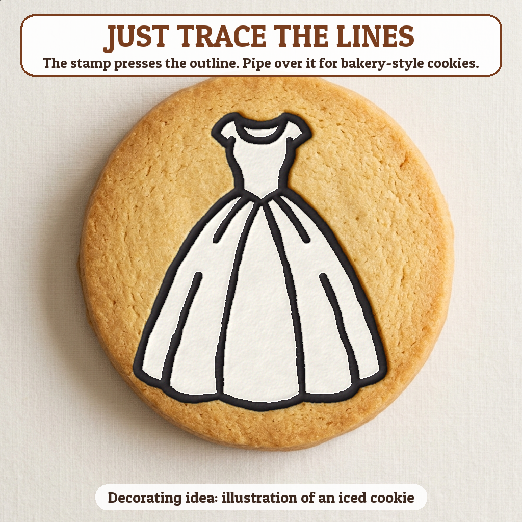 Wedding Dress cookie traced with icing, iced decorating idea